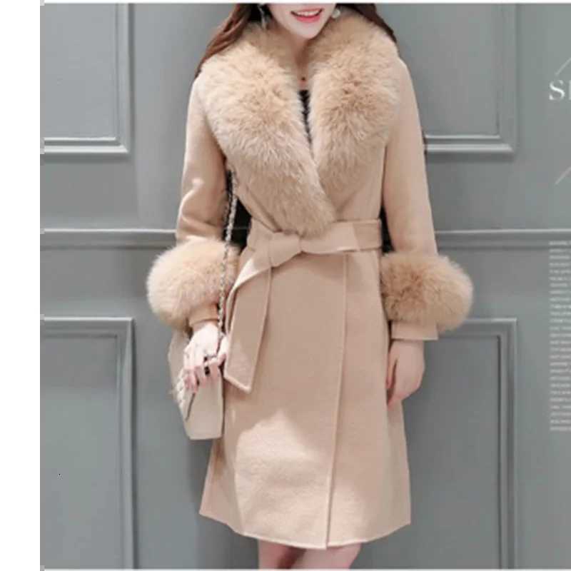 Womens Long Woolen Coat Korean Version New Winter Slim Fit Lace Up Big Wool Collar Fur Coat Detachable Woolen Collar OutwearT251101