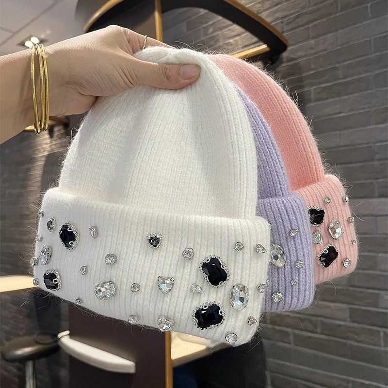 Winter lady warm thick beanie cap 7colors fashion rhineston solid casual Knitted hat women Angora wool cap windproof VersatileXJ251101