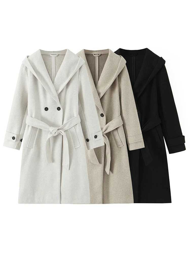 HH Women Fashion Pockets Belt Doublebreasted Hooded Long Coat Autumn Winter Female Temperament Long Sleeve Streetwear JacketT251101