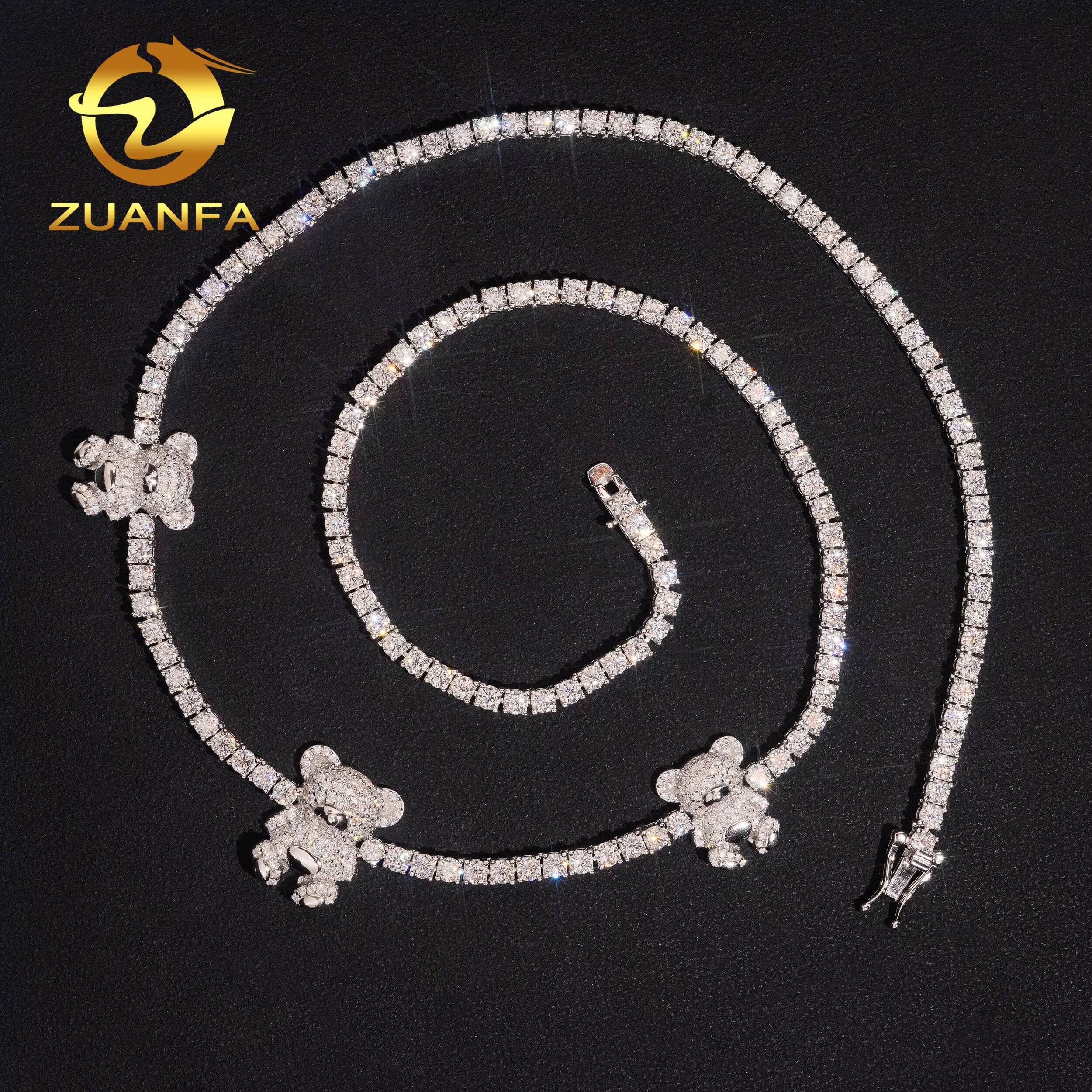 3d Cartoon Bear Charm Necklace Moissanite Tennis Chain Necklace 925 Solid Silver Iced Out Hip Hop Jewelry