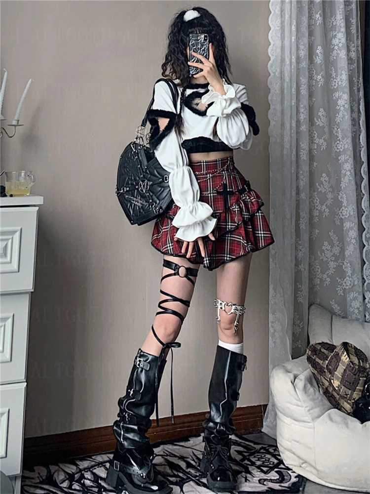 AltGoth Punk Gothic Red Checkered Skirt Womens Retro Y2k E-girl Emo Alt Waist Cake Skirt Harajuku Fairycore Grunge Clubwear M250401
