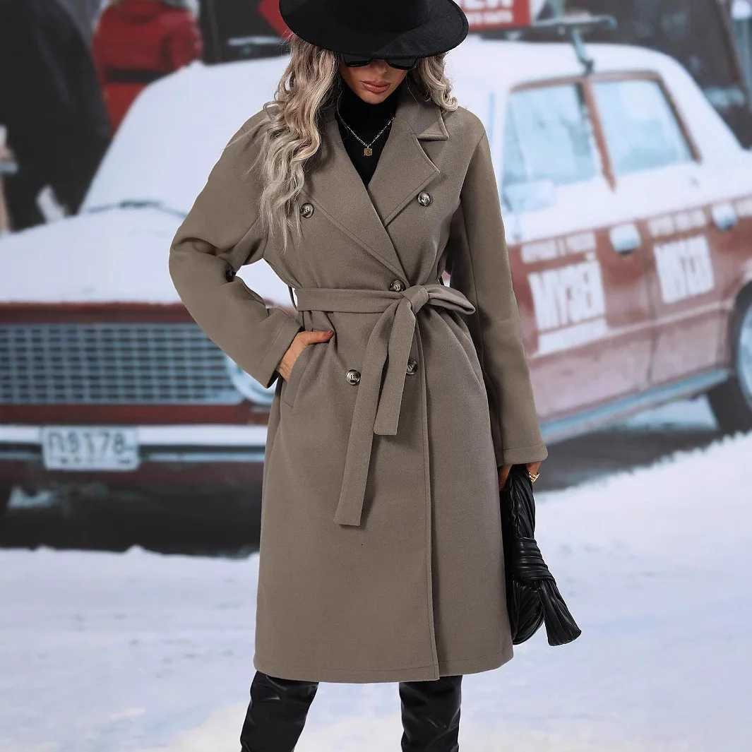 Women Turn Down Collar Thick Midi Length Wool Coat Pockets Casual Full Sleeve Double Breasted Blends Coats 2025 Autumn WinterT251101