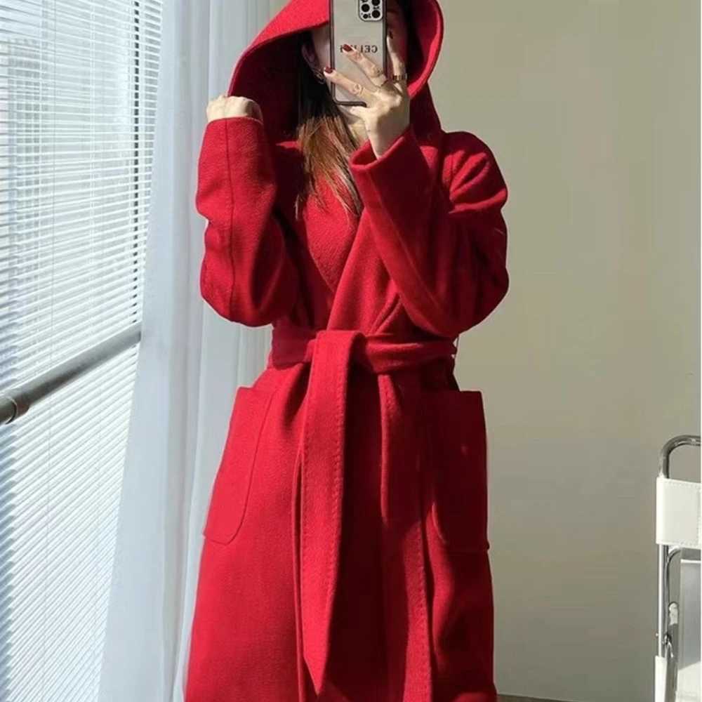 2024 Autumn New Wool Jacket Hooded Woolen Coat Women Water Ripple Cashmere Coat Female Casual Laceup Loose Wool Coat ClassicT251101