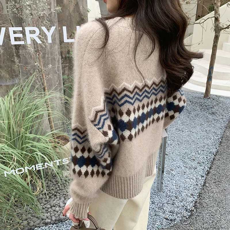 Crew Neck Printed Cardigan Sweater Women Autumn Winter New Knitted Long Sleeve Casual Coat Elegant Fall Korean Style KnitwearT251101