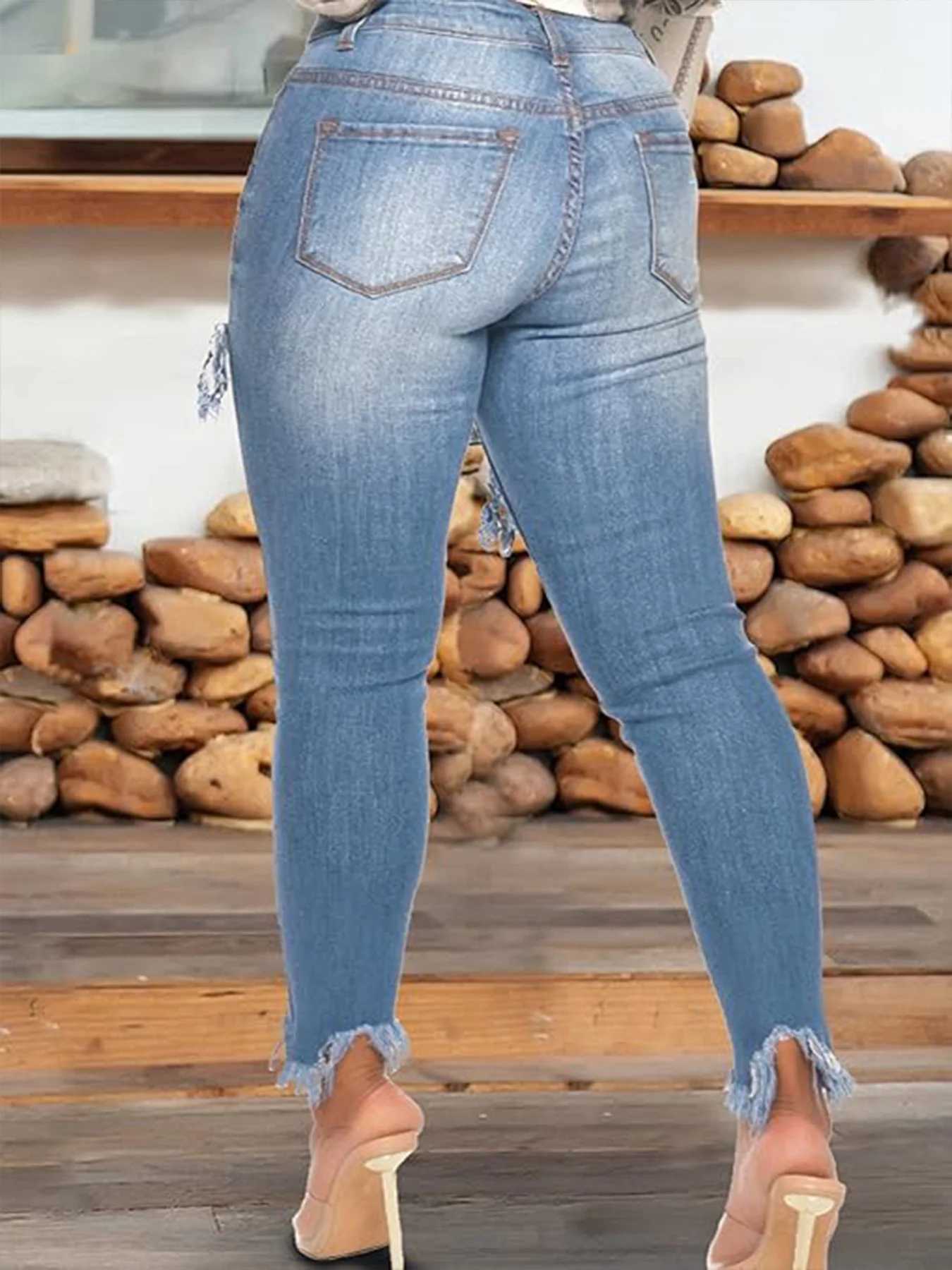 Womens wash light blue fashionable tassel fur edge design stretch slim casual ninepoint jeans J251031