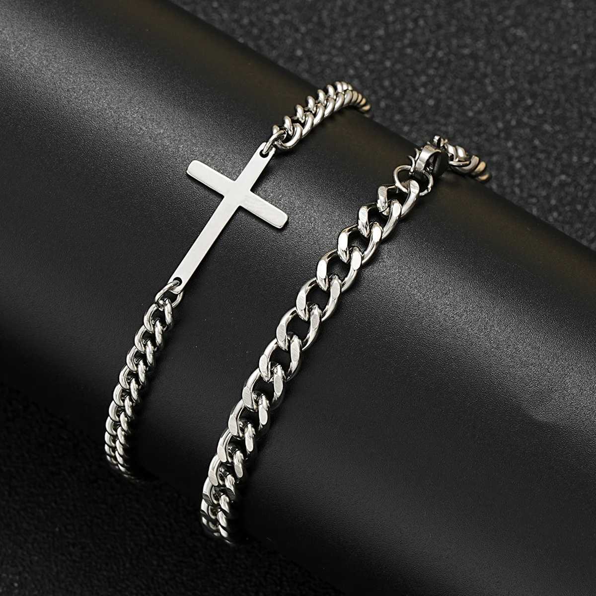 2024 New Stainless Steel Cross Cuban Chain Bracelet Set for Mens Hip Hop Punk Snake Chain Bracelet Fashion Neutral Jewelry Gift Y250329