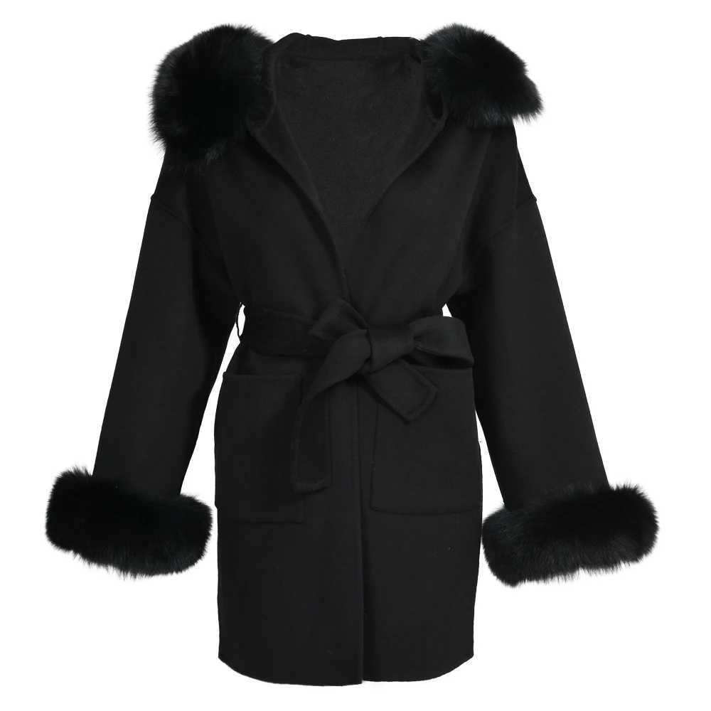Jxwatcher Wool Coat and Blends Fashion Medium Length Cashmere Jacket Hooded 100 Real Fox Fur Collar Cuffs Winter Coat for WomenT251101