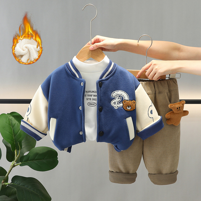 2025 Boys 3-Piece Set Fleece Lined Baseball Jacket Outfit Embroidered Bear Design Winter Thermal Kids Clothes