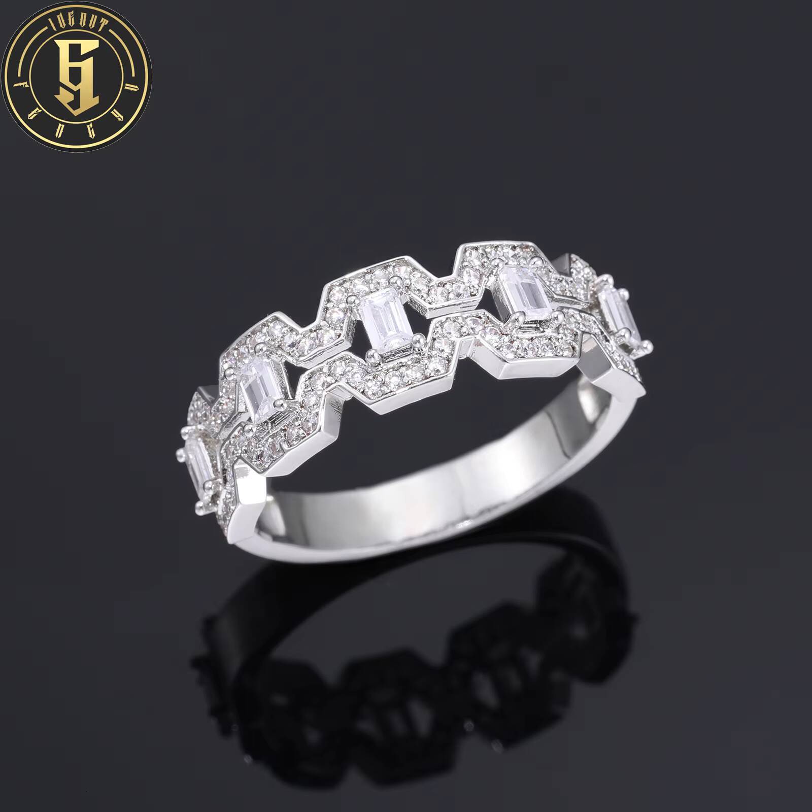 Factory Wholesale Price Bling Hip Hop Jewelry 18k Gold Plated Brass AAAAA Baguette CZ Diamond Wedding Ring for Men