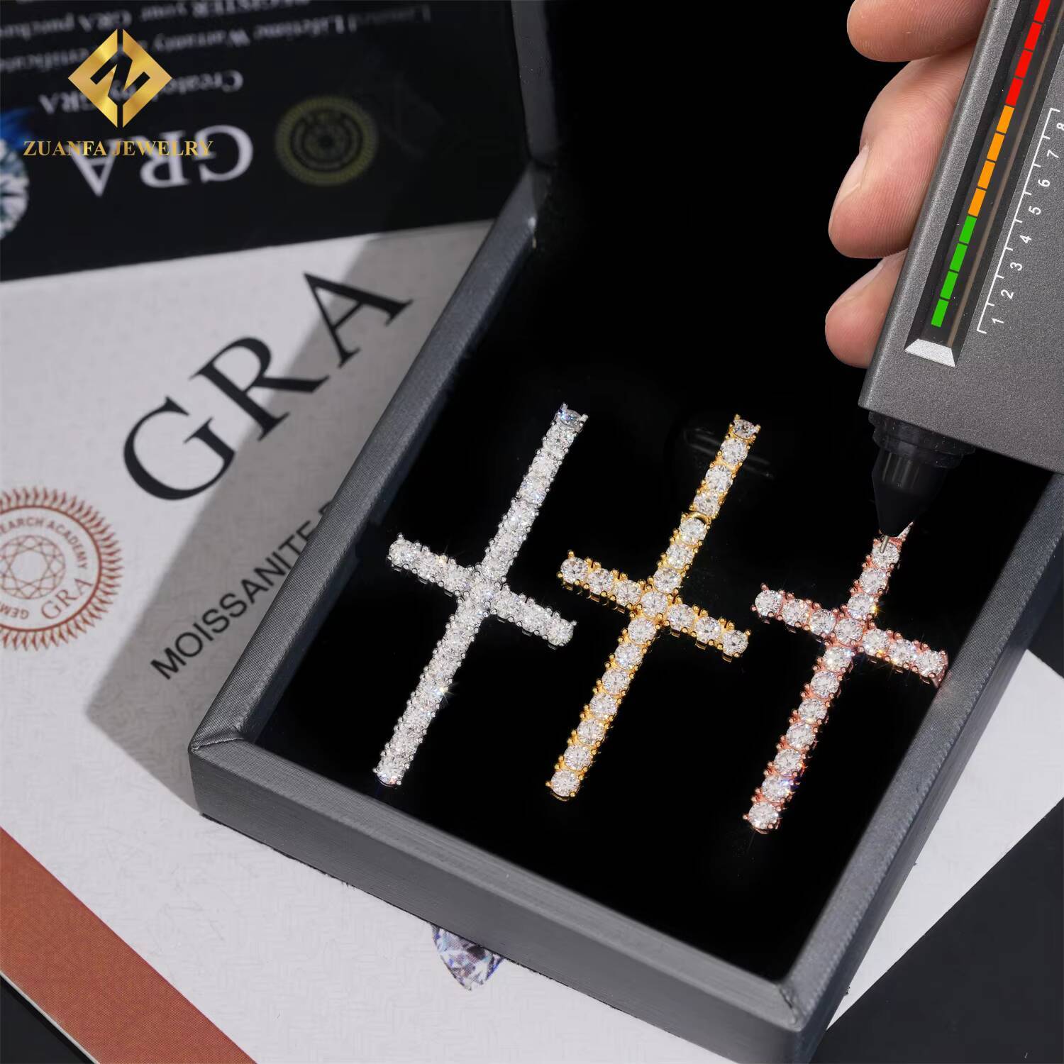 Hot Sale 925 Sterling Silver Iced Out Fire Pendant VVS Moissanite Cross Hip Hop Charm Pendant Pass Diamond Tester