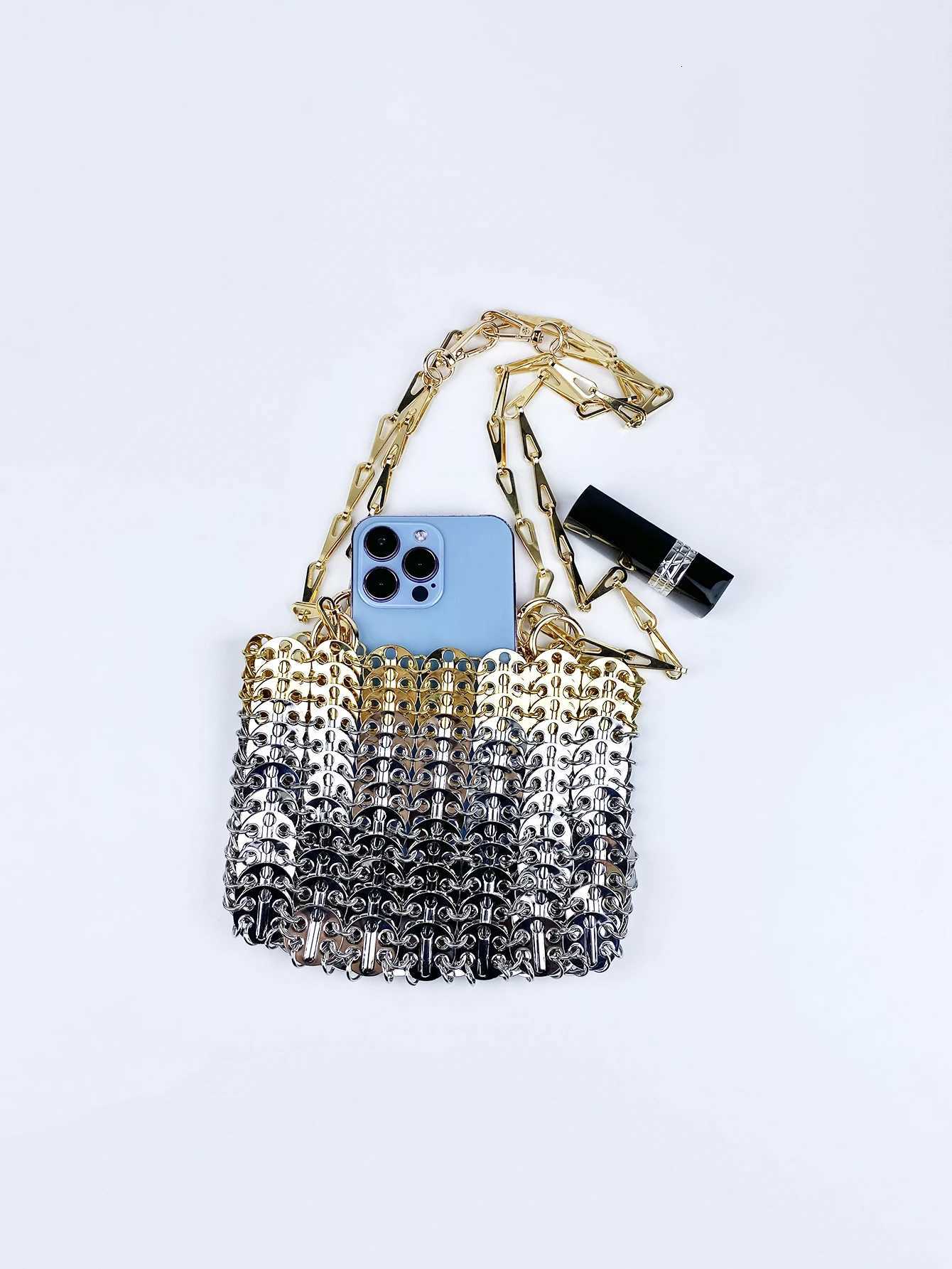 Niche design aluminum handmade bag with gold and silver color matching metal chain sequin bag trendy underarm bagW251101