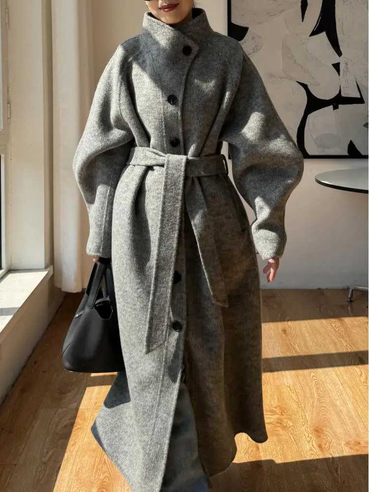 Office Lady SingleBreasted Woolen Jackets 2025 Autumn And Winter Suit Collar LaceUp Loose Long Womens 100 Wool CoatsT251101