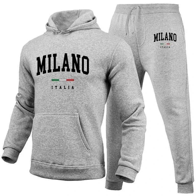 Mens Luxury Hoodie Set Milano Print Sweatshirt Sweatpant for Male Hooded Tops Jogging Trousers Suit Casual Streetwear TracksuitT251101