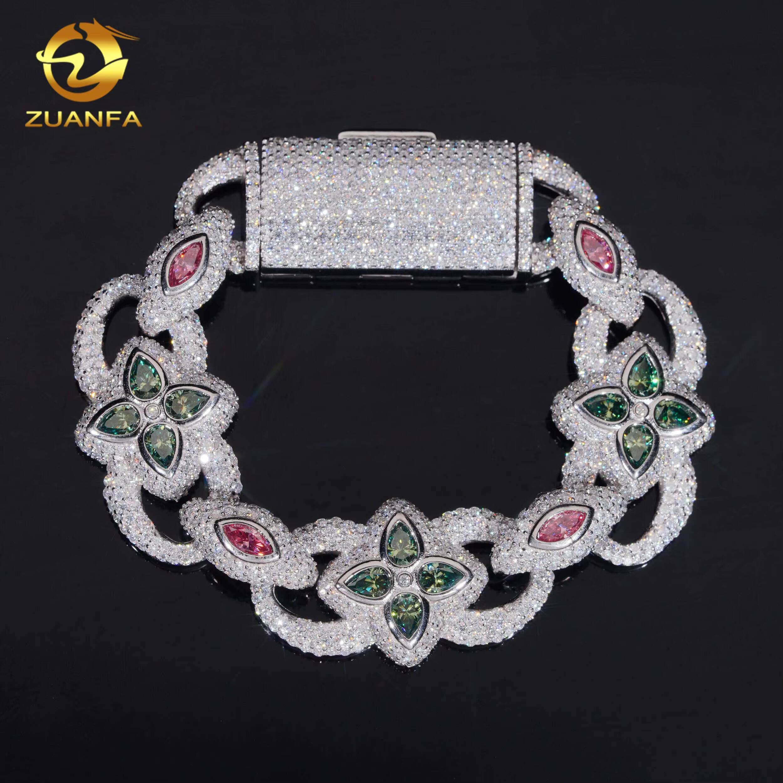 Hip Hop Jewelry 20mm VVS Color Moissanite Cuban Link Bracelet 925 Silver Pass Tester Flower Moissanite Bracelet Rapper Jewelry