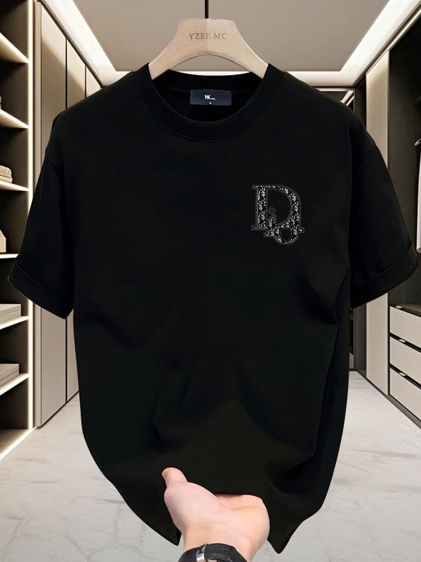 Fashion trend Summer new high-grade cotton men's fashion casual all round neck short-sleeved T-shirt cotton light luxury handsome men's blac