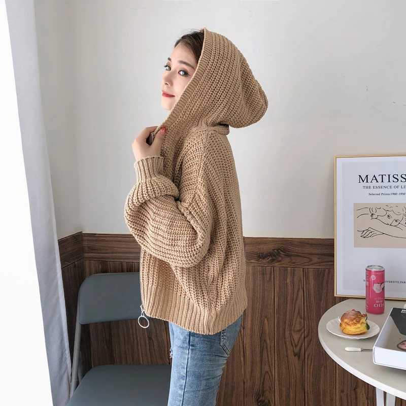 Autumn and Winter Hooded Loose Cardigan Sweater New Womens Solid Color Zipper Tops Long Sleeve Fashion Casual Knitwear ClothingT251101