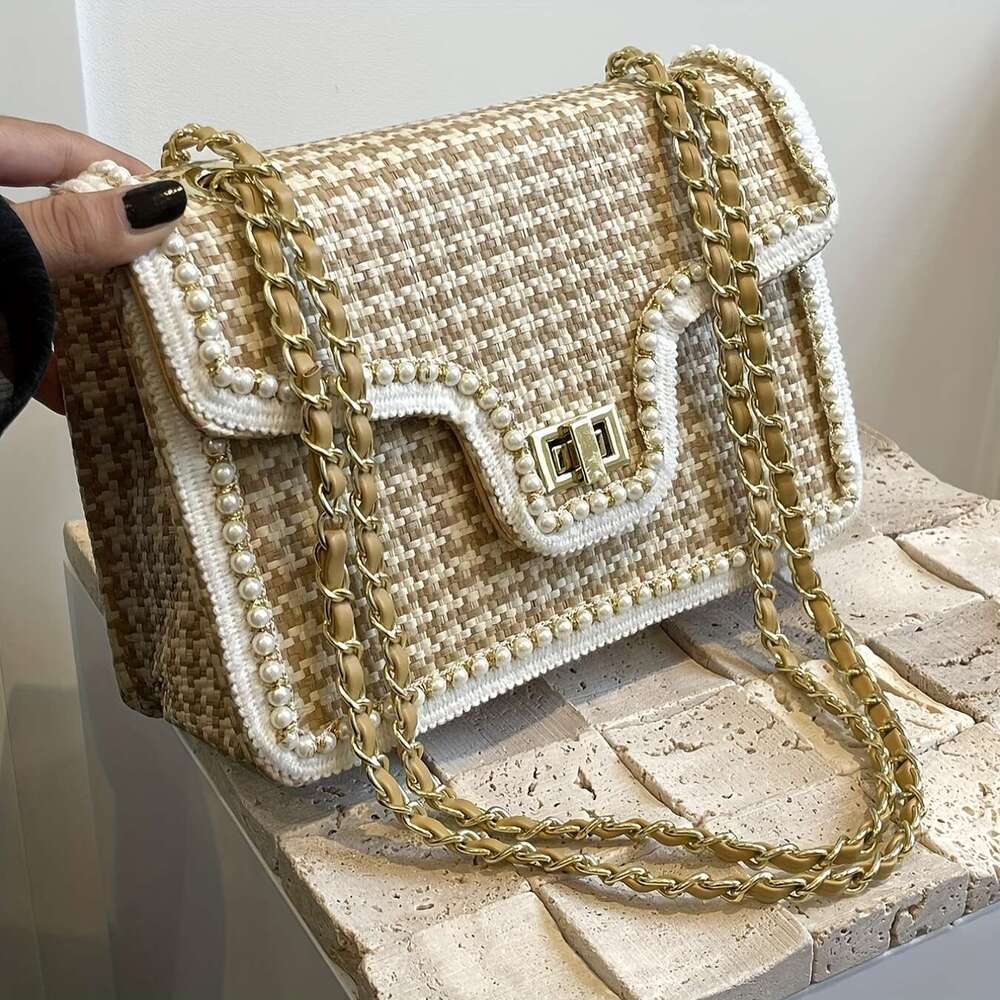 Women'S Chic Woven Straw Shoulder Bag with Pearl Accents, Fashionable Chain Crossbody Purse, Versatile Solid Color, Leather ed, Turn-lock Closure