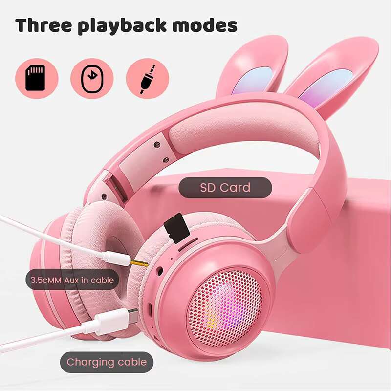 Drop Shipping Cheap LED Ear Gaming Pink Soft Leather No Wire Earphone Stereo Sound Wireless Rabbit Headphone Headsets With Mic