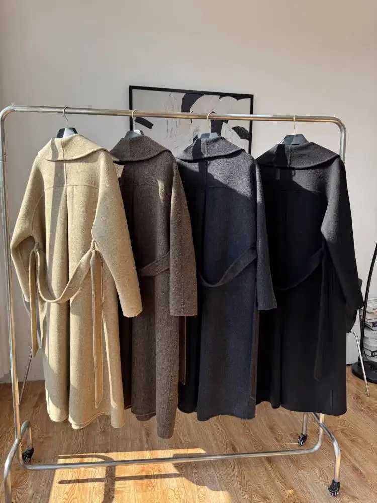 Office Lady Woolen Jackets 2025 Autumn And Winter Shoal Collar Bathrobe Style LaceUp Loose Womens Long 100 Wool CoatsT251101