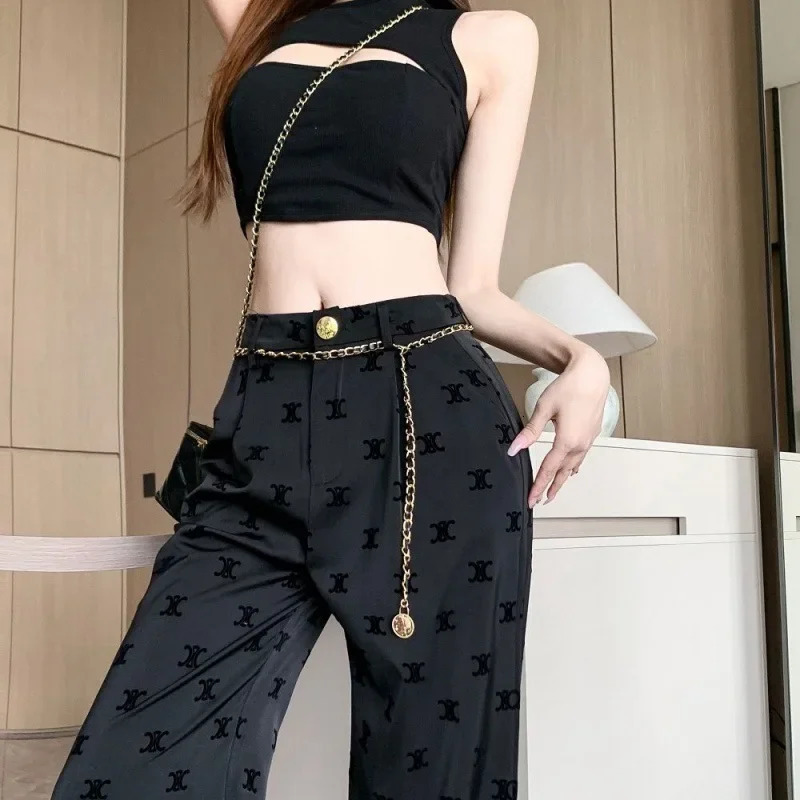 Womens High-waisted Slimming Black Casual Suit Pants Ice Silk Acid Bell Bottoms Thin Summer Style Draped Floor-length Trousers250324