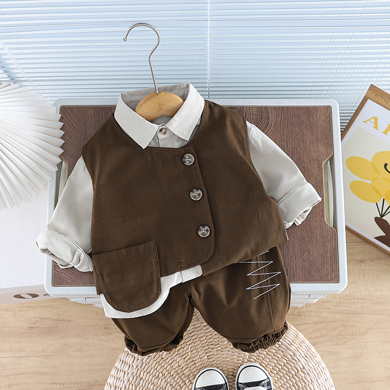 kids tracksuit 2025 Boys 3-Piece Set Utility Vest Outfit with Shirt & Pants Single Pocket Trendy Toddler Clothes for Fall