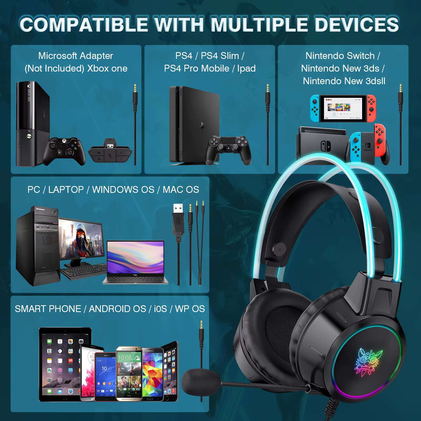 X15 Pro RGB Colorful Luminous Earphones with HD Flexible Microphone 3.5mm Wired Gaming Stereo Headphones for PS5 Mobile Computer