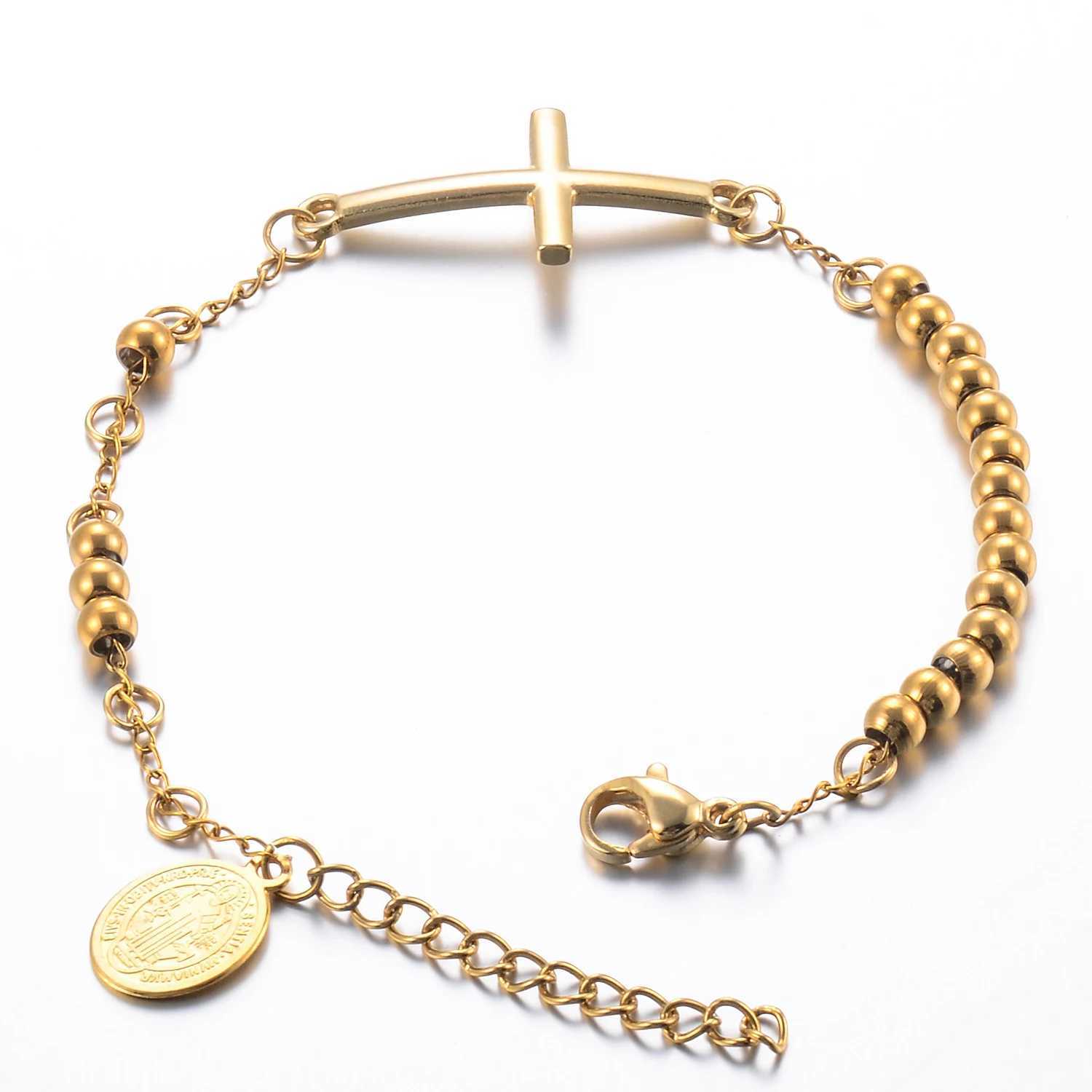 Stainless steel Jesus religious cross pendant bead chain bracelet mens and womens gold and silver Y250329