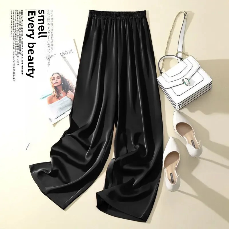 Womens High Ice Silk Draped Bell Bottoms Slim Fit Straight Leg Pants Smooth Acidic Silk Face Trousers Spring Summer Autumn250324