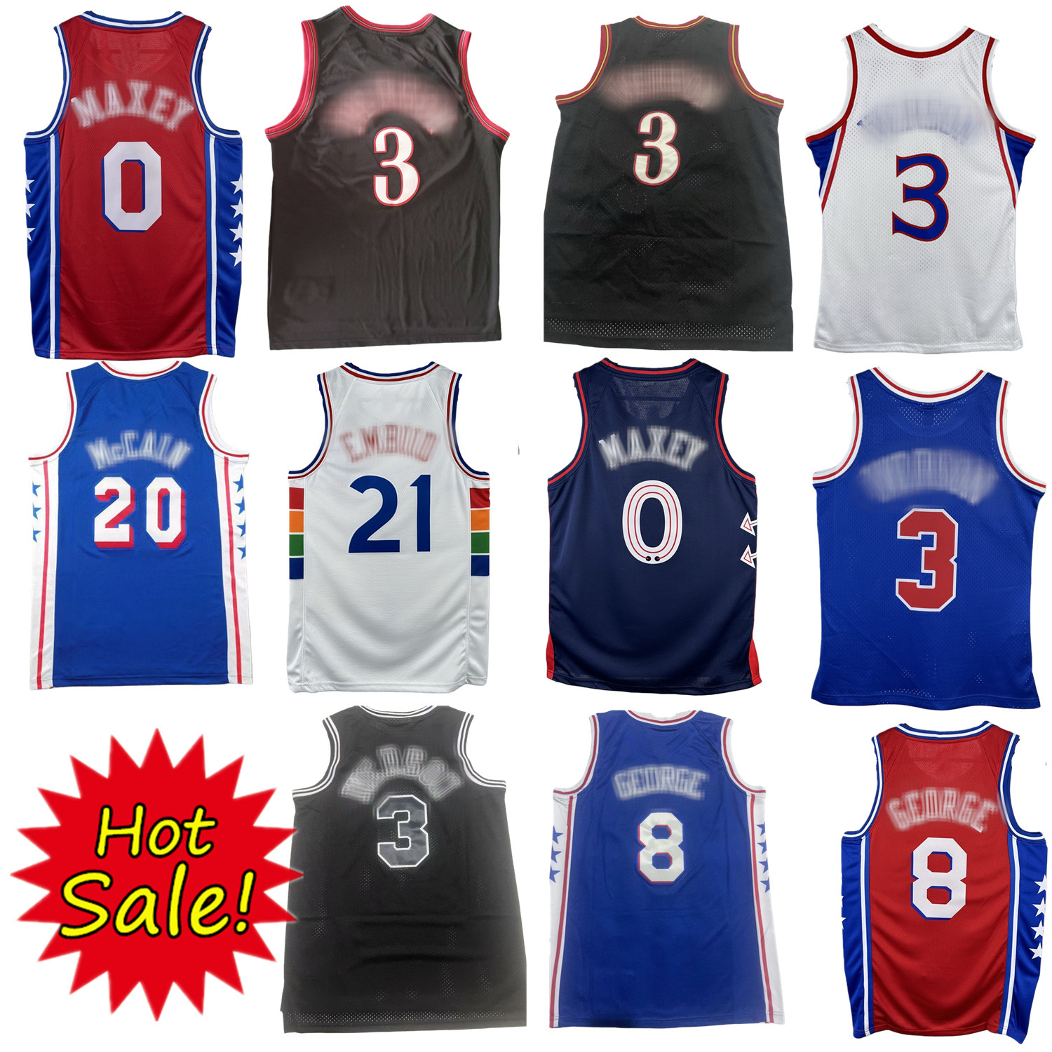 #0 Tyrese Maxey Basketball Jersey #21 Embiid Allen Iverson George Jared McCain 2025 City New Men Youth Red Blue White Black S M L XL XXL