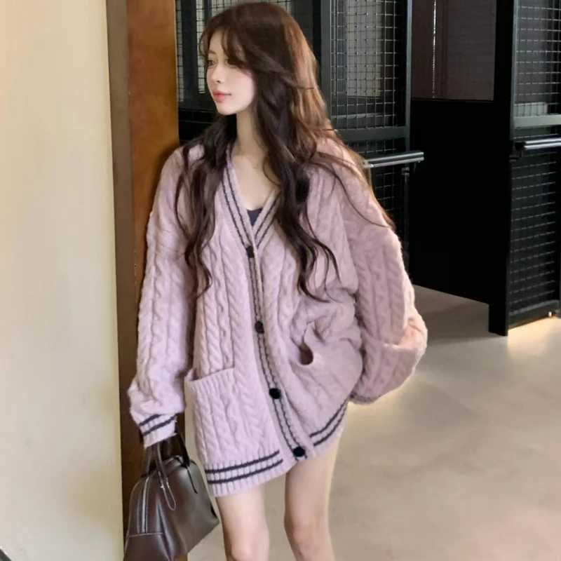 Korean Style Pocket Knitwear Fashion Autumn Long Sleeve Women Cardigan Sweater Casual Vneck Button Loose Elegant Knitted TopsT251101