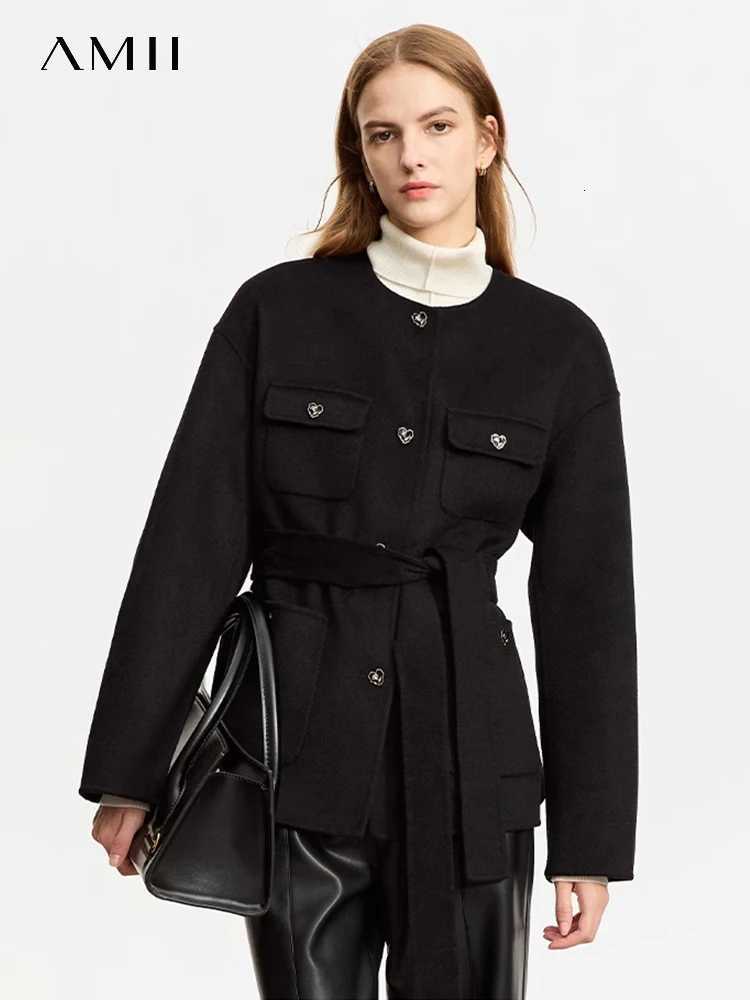 AMII Minimalist Small Fragrant Woolen Coat for Women 2023 Winter New Medium Long Coat Trendy Crewneck With Belt Blends 12364001T251101