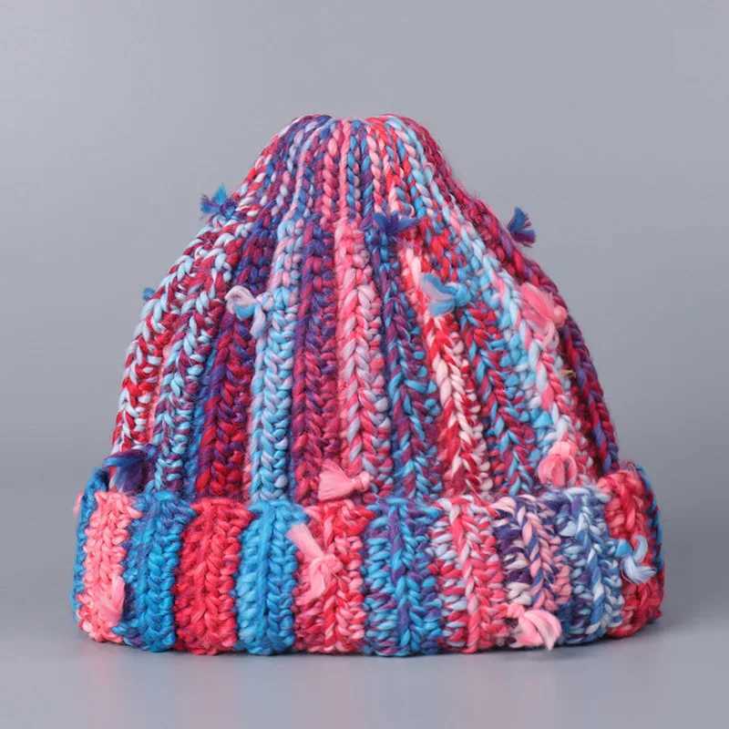 Japanese Style Sweet Knitted Beanie Cap Women Colorful Stripes Handknitted Fashionable Trendy Thick Yarn Wool Warm Beanie CapXJ251101