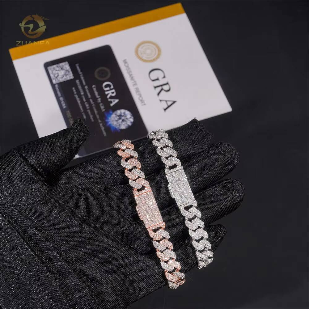Source Factory 10mm Moissanite Chain Cuban Links Prong Chain Pass Diamond Tester 925 Silver Cuban Link Chain Necklace 2 Tone