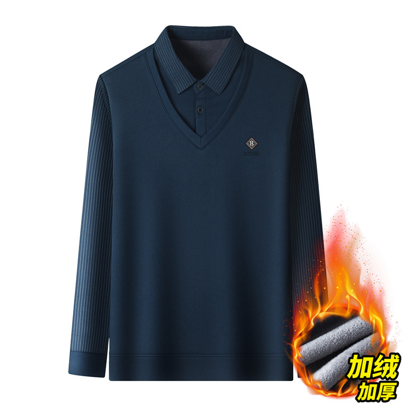 Men's Polo Designer Base Shirt Shirt Fleece Lined Thickened Winter New Fashion Warm Turn-down Collar Fake Two-piece Striped Long Sleeve Designer 