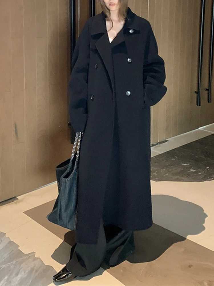 Double Breasted Office Lady Cashmere Woolen Jackets 2025 Autumn And Winter Stand Collar Loose LaceUp Womens Long Wool CoatsT251101