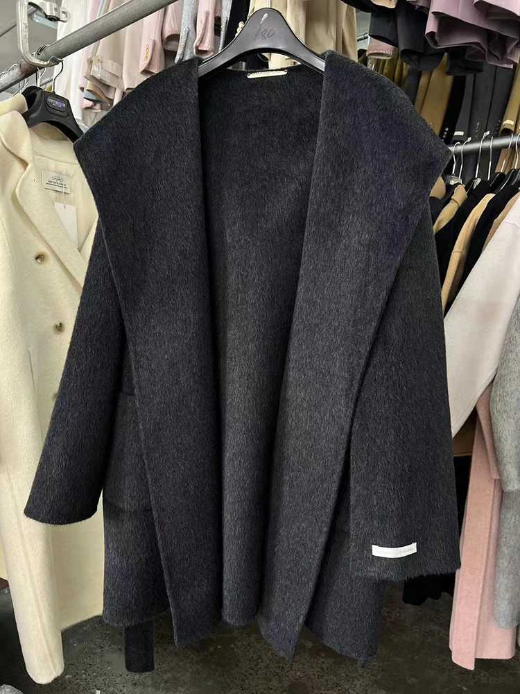 Office Lady Short Woolen Jackets 2024 Autumn And Winter Hooded Loose DoubleSided LaceUp Womens 100 Wool Coats OuterwearT251101