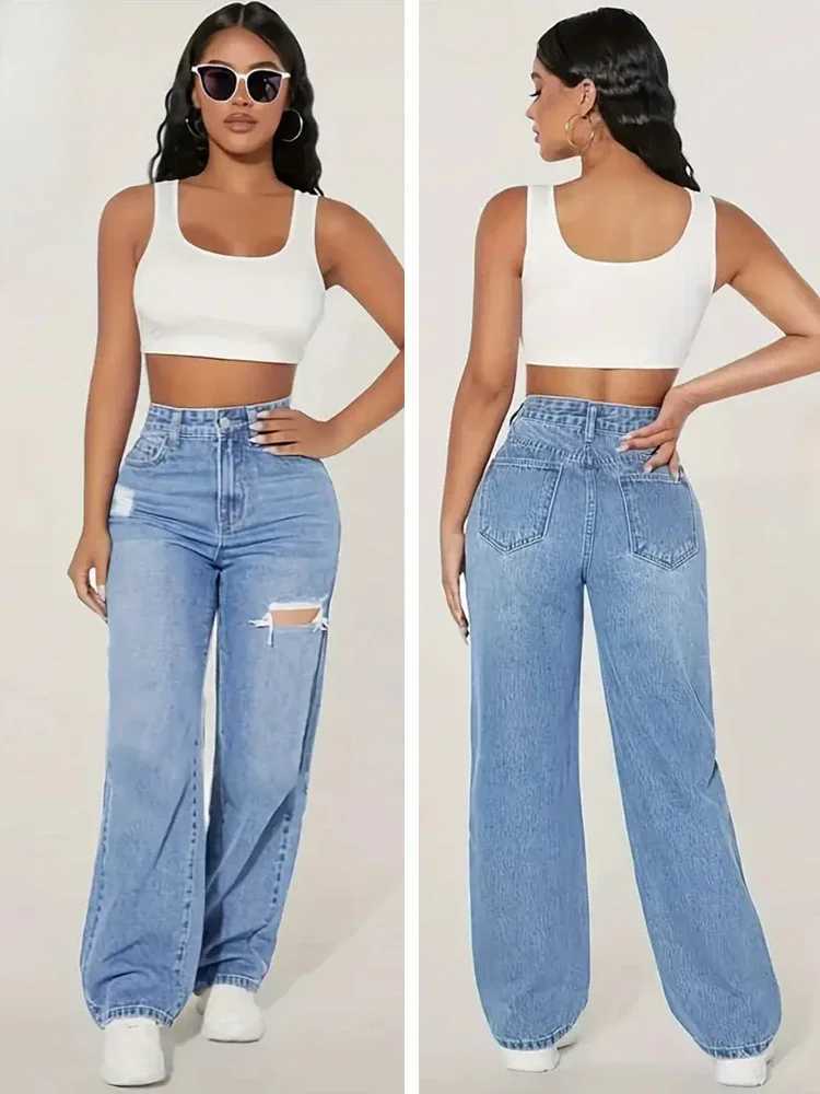 New Y2K Washed Blue Straight Loose Fit High Waist Hole Trousers 2025 Pants Womens Jeans Fashion Personality To Do Old Denim J251031