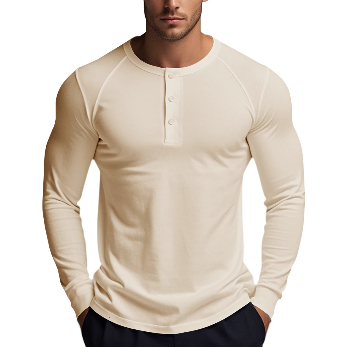 Mens Long Sleeve Button Down TShirts Autumn Henley Collar Casual High Quality Crew Neck Mens T Shirts 251028