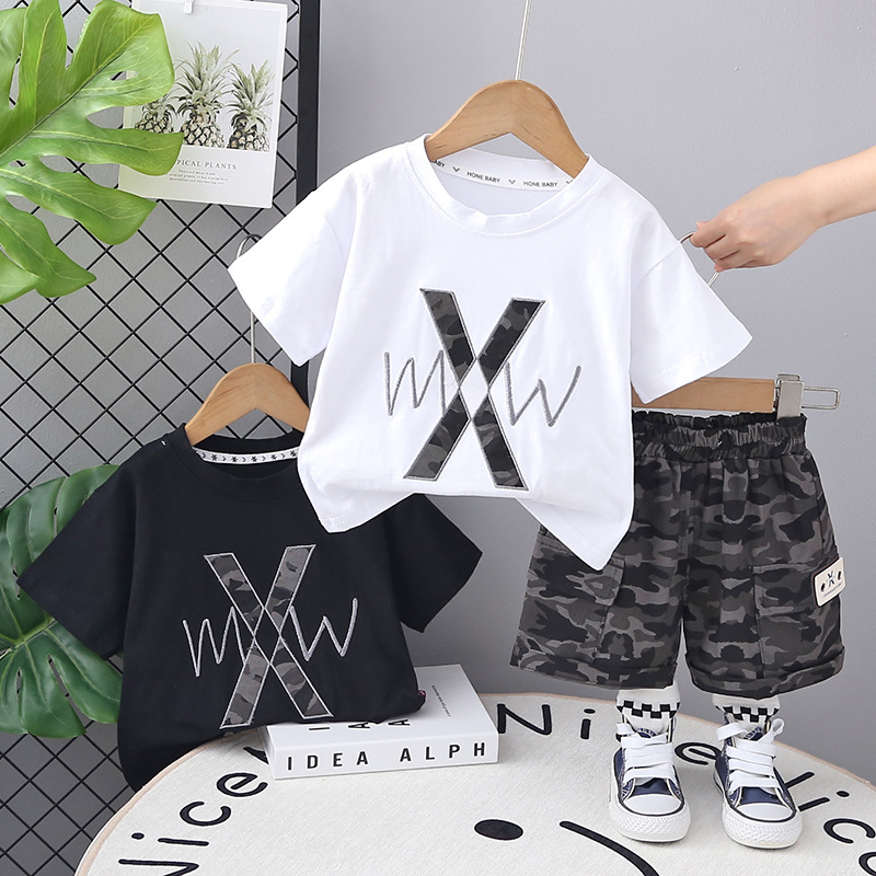Boys Summer 2-Piece Set Embroidered Letter Print Short Sleeve Outfit Casual Toddler Clothes for 1-5T