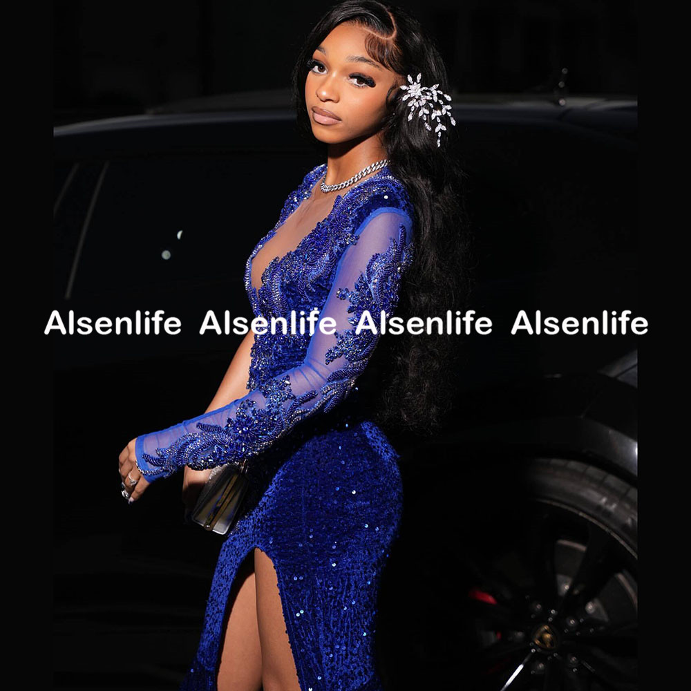 Shinny Royal Blue Prom Dresses Mermaid 2025 Sheer Long Sleeves Slit Evening Dress Crystal Red Carpet Runway Party Dress Customized