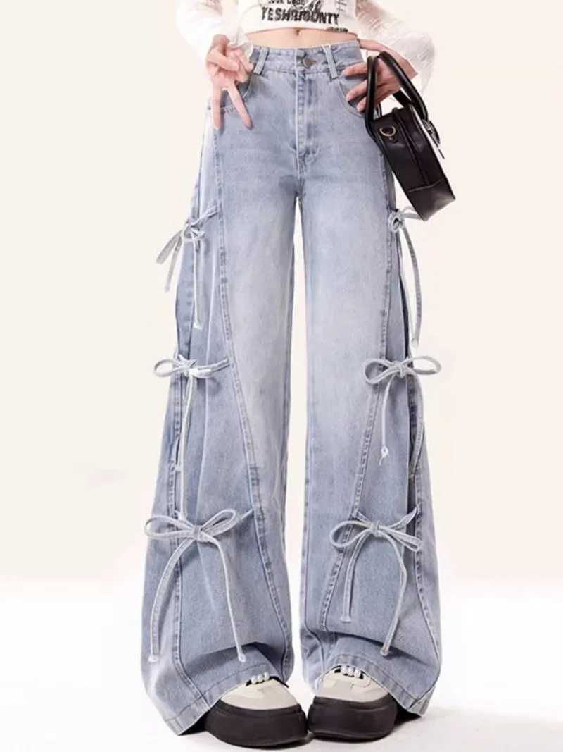 Jeans Women Vintage Bow Design Baggy Wide Leg Trousers Autumn High Waist Students Young Allmatch Daily Harajuku Slouchy Chic J251031