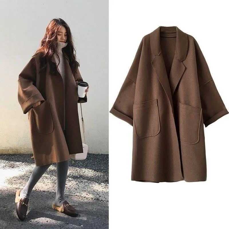 Large Size Womens Autumn and Winter Wool Trench Coat Loose Tweed Coat Cardigan TrendyT251101