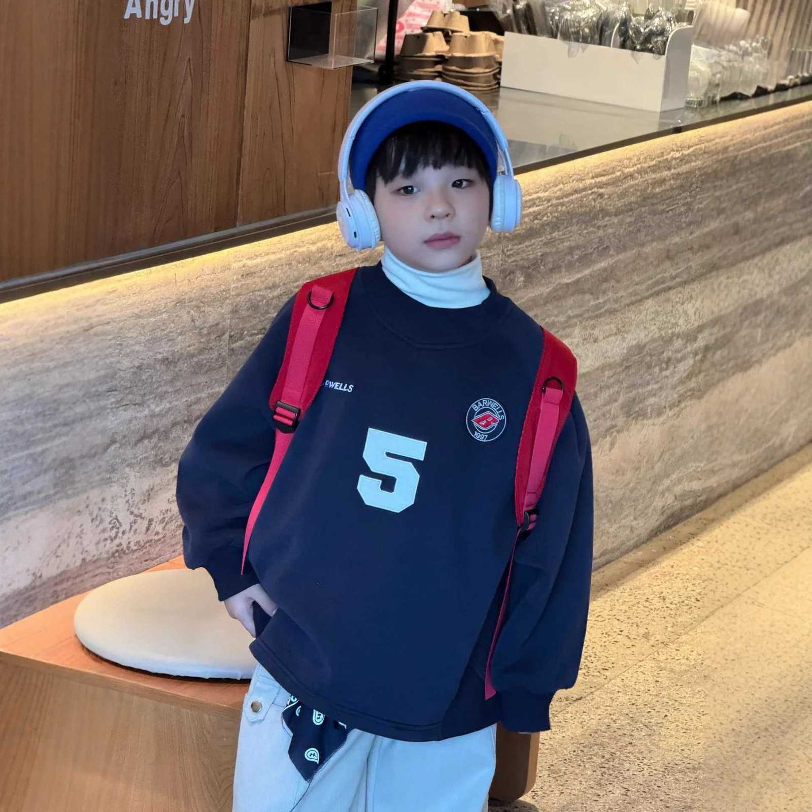 New Autumn Winter Boys Korean Style Thickened All Match Hoodie Children Clothing Fashion Casual Digital Printed Fleece PulloverT251101