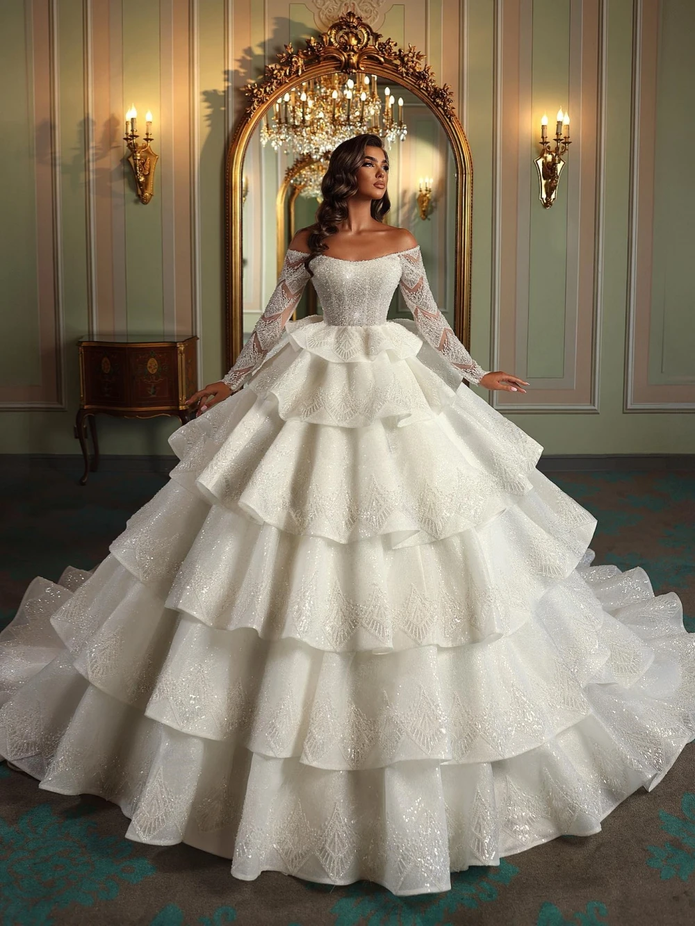 Exquisite Ball Gown Wedding Dress Off Shoulder Long Sleeves Bridal Gowns Sequins Lace Tiered Skirts Sweep Train Dresses Custom Made vestidos de novia