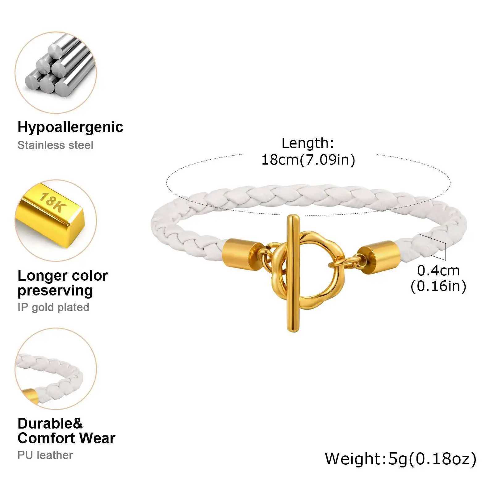 Prjewel Fashion Knitted Leather Bracelet White Rope Stainless Steel Gold OT Lock Bracelet Womens Jewelry Mothers Day Gift Y250329