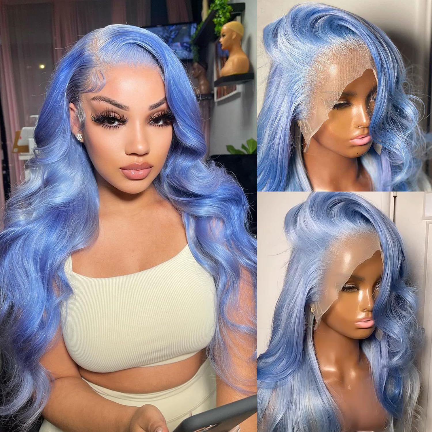 13x4 Lace Frontal Wig 32 Inch Simualtion human hair Body Wave Synthetic Wig Pre Plucked with Baby Hair Transparent Swiss Lace Heat Friendly Blue Color
