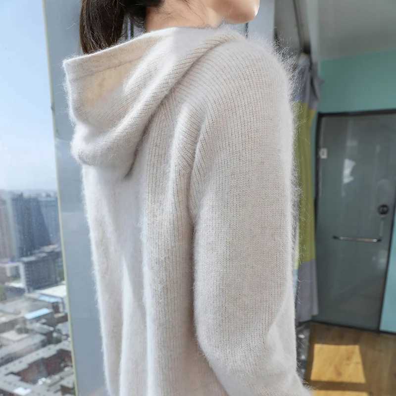 100 Pure Mink Cashmere Zipper Cardigan Womens Hooded Neck Knit Coat Hoodie Casual Loose Jacket Winter Long Sleeve Thicken TopsT251101