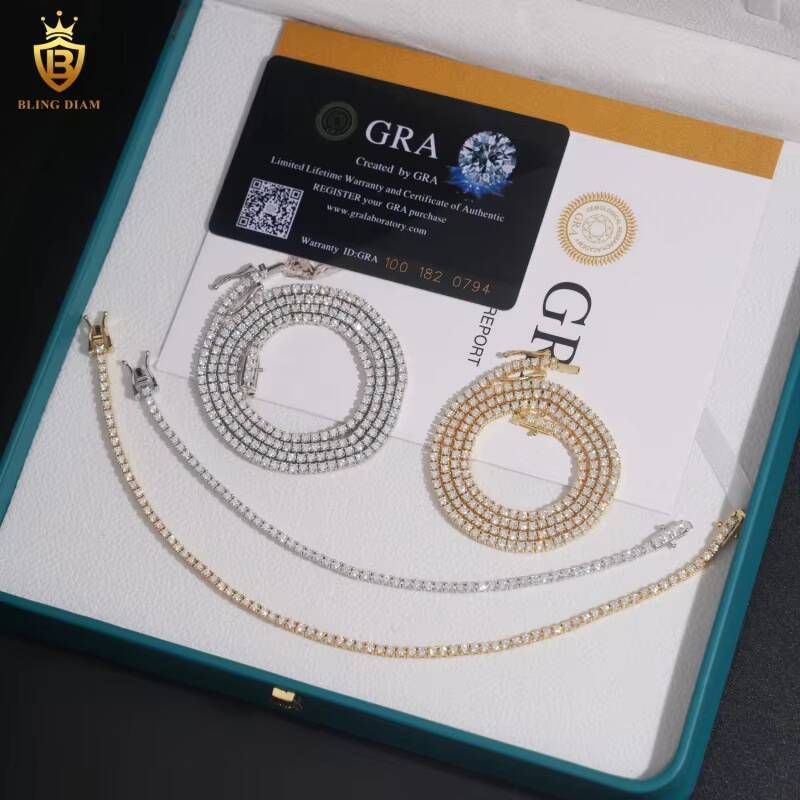 US in Stock Fast Shipping Hip Hop Jewelry 925 Sterling Silver Vvs Moissanite Iced Out 2mm Tennis Chains Bracelet Necklace