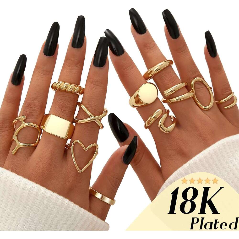 12pcs stackable set women gold plated open stacking knuckle ring adjustable chunky signet rings for gift