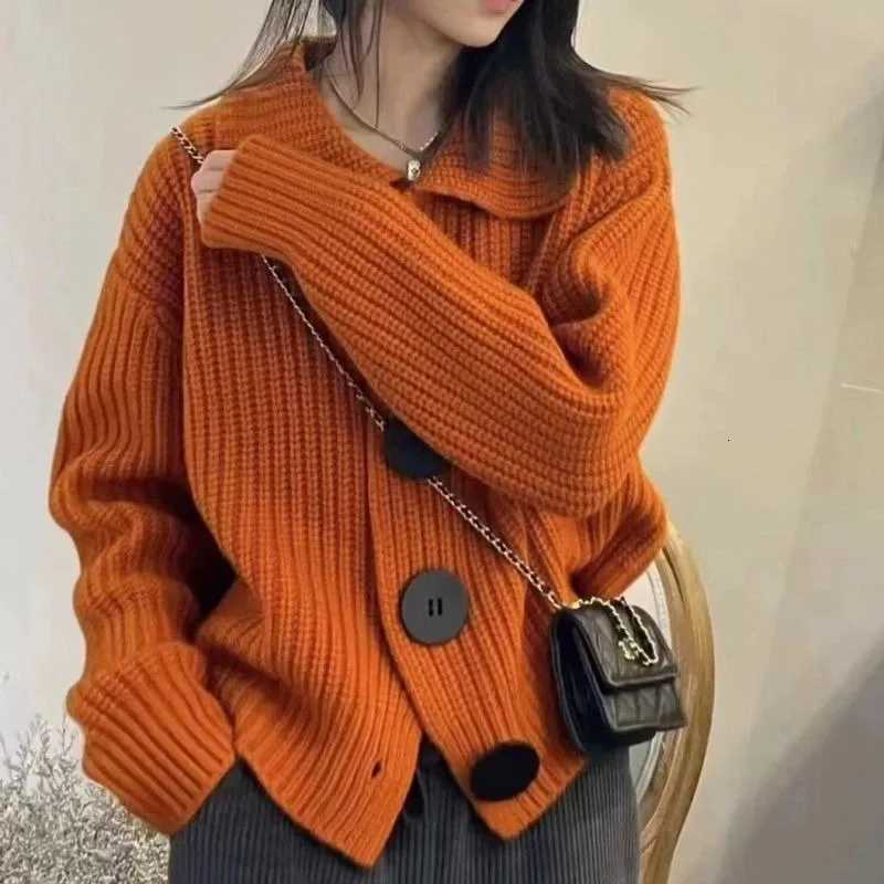 Loose Sleeve Elegant Korean Fashion Knit Cardigan for Women Chic Loose Fit with Large Buttons Lapel Collar Fall Winter ClothingT251101